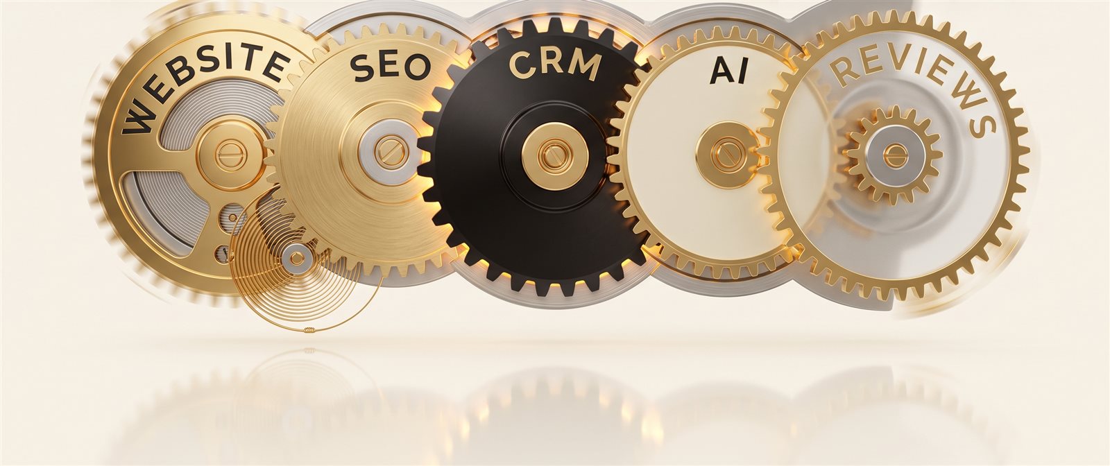 Five interlocking gears labeled website, SEO, CRM, AI, and reviews meshing as one machine