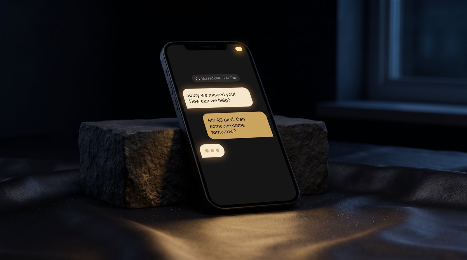 Phone at night showing an automated text reply to a missed call about a broken AC
