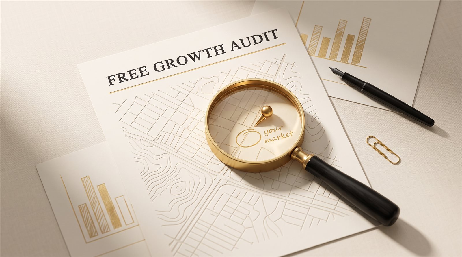 Free growth audit report with a magnifying glass over a city map, your market circled in gold