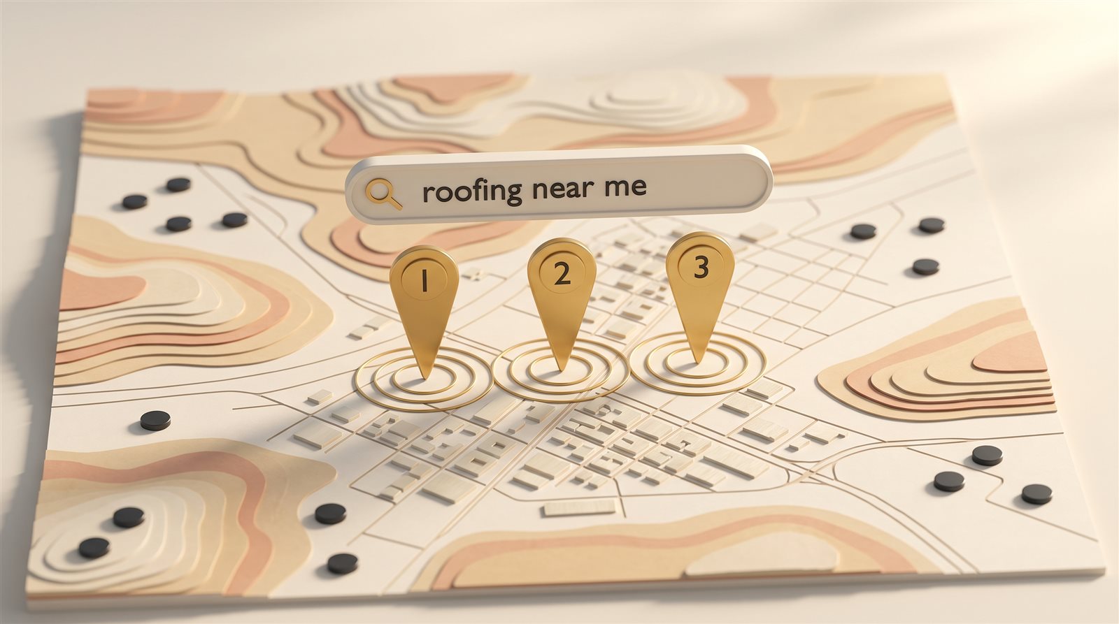 Stylized city map with a roofing near me search bar and three gold map pins ranked 1, 2, and 3