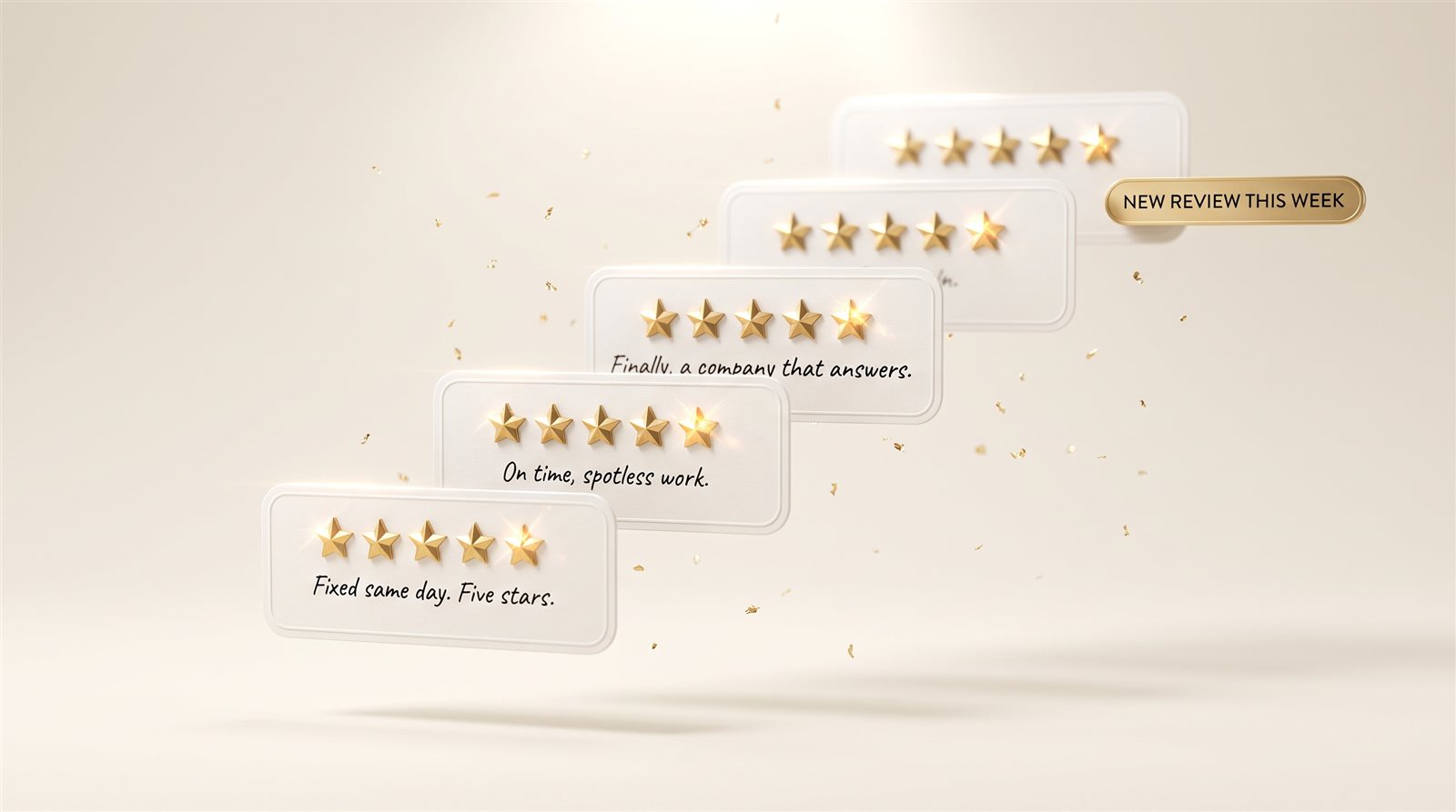 Rising five-star review cards with a new review this week badge