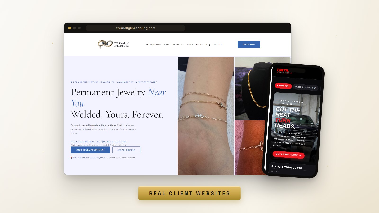 Real client websites built by Stream Fusion Web shown on a laptop and phone: Eternally Linked Bling and Tintinc Window Tinting