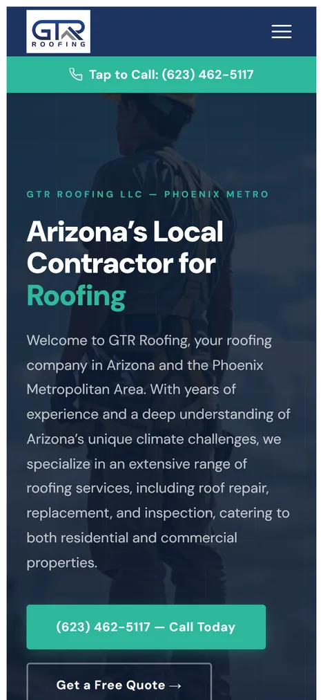 GTR Roofing website on a phone